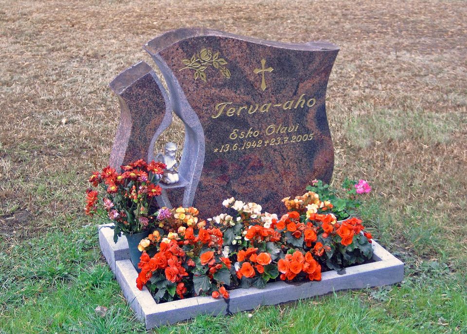 Blommor framför gravstenen